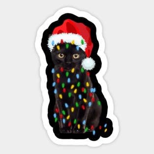 Black Cat In Santa Claus Hat Tangled in Christmas Lights Sticker